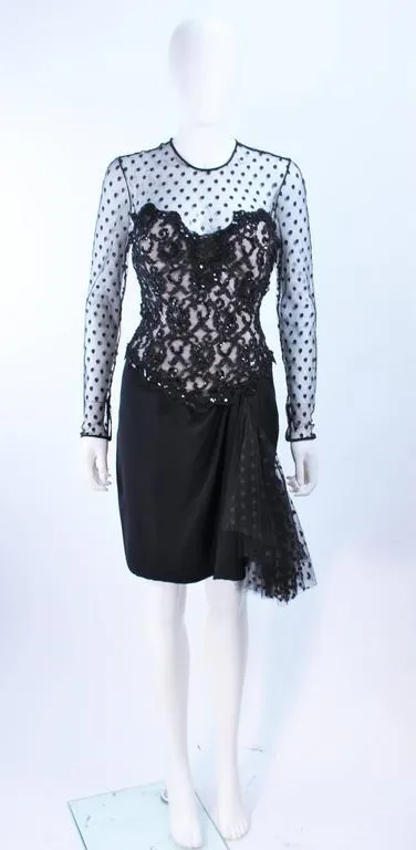 I. MAGNIN Black Silk Polka Dot Mesh Sequin Lace Cocktail Dress 6