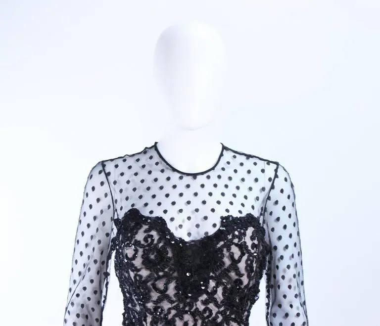 I. MAGNIN Black Silk Polka Dot Mesh Sequin Lace Cocktail Dress 6