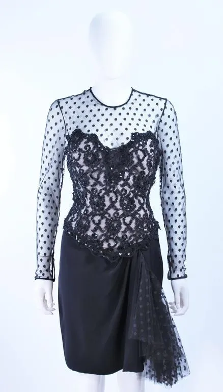 I. MAGNIN Black Silk Polka Dot Mesh Sequin Lace Cocktail Dress 6