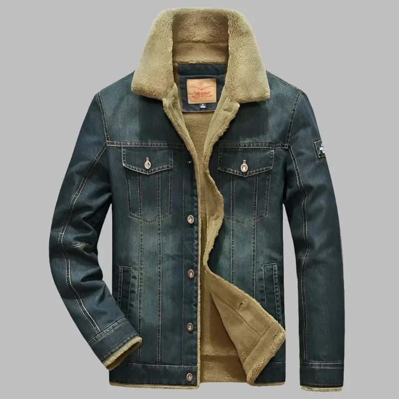 Men's Wool-Lined Denim Jacket: Thick Thermal Winter Coat with Multi-Pocket Design