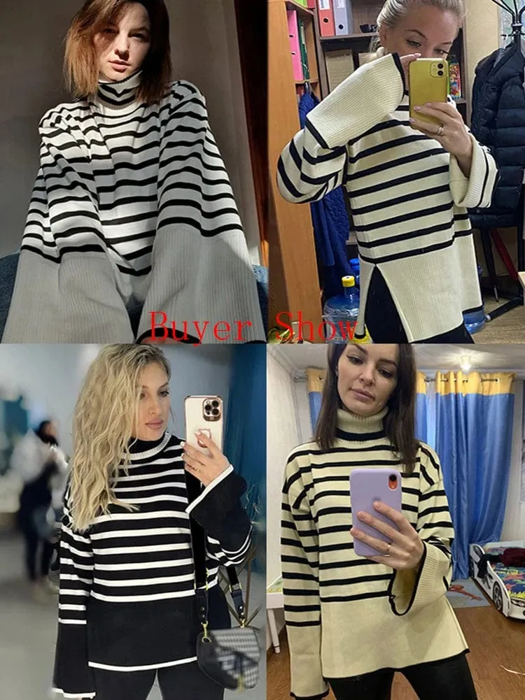 Monochrome Chic: Streetwear Striped Sweater for Women – Loose Fit, Turtleneck, and Knitted Ribbed Style