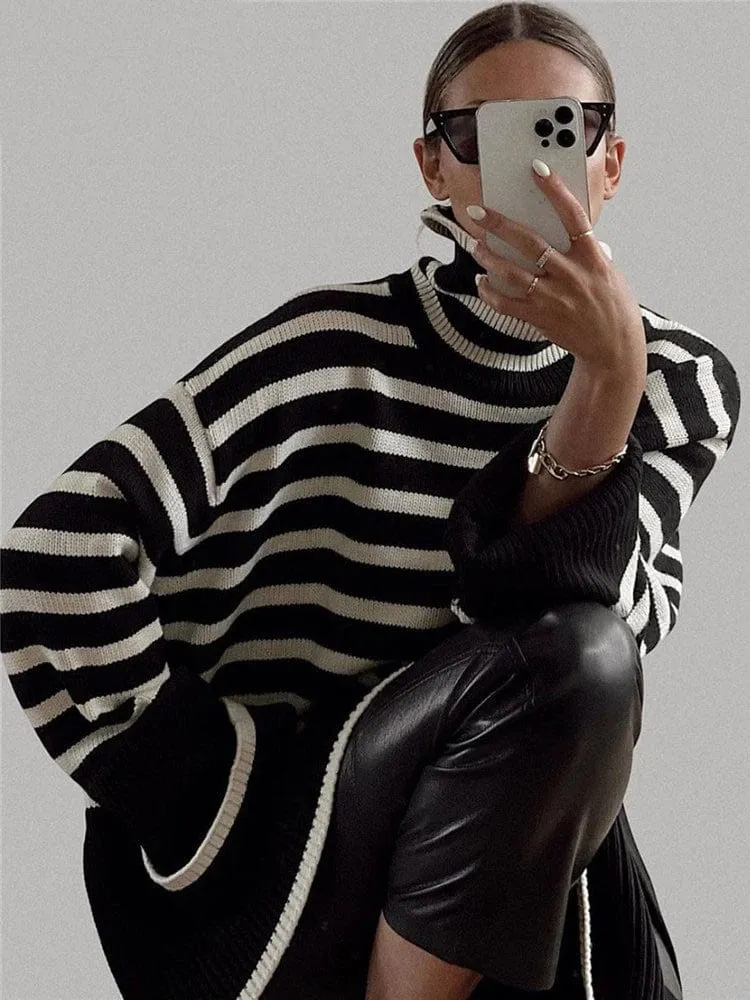 Monochrome Chic: Streetwear Striped Sweater for Women – Loose Fit, Turtleneck, and Knitted Ribbed Style