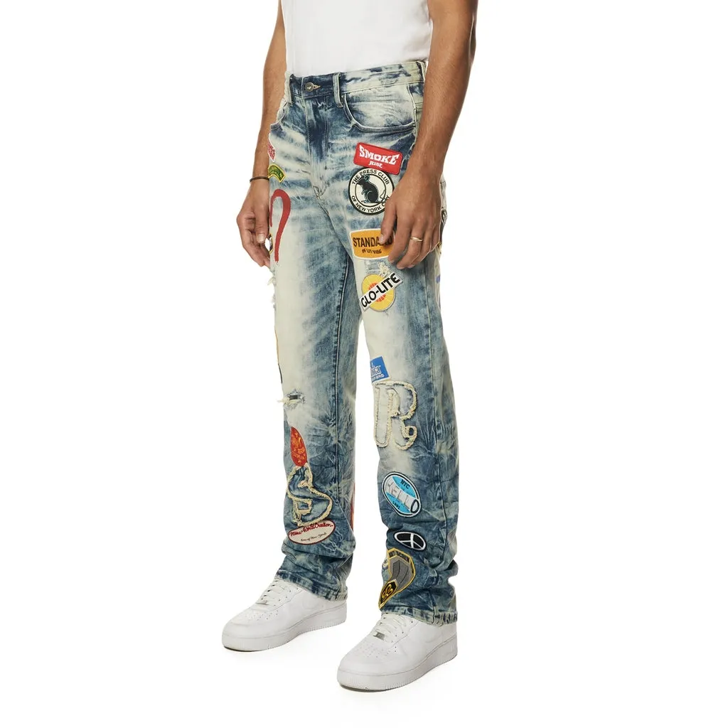 Multi Embroidered Patched Retro Denim Jeans - Metro Blue