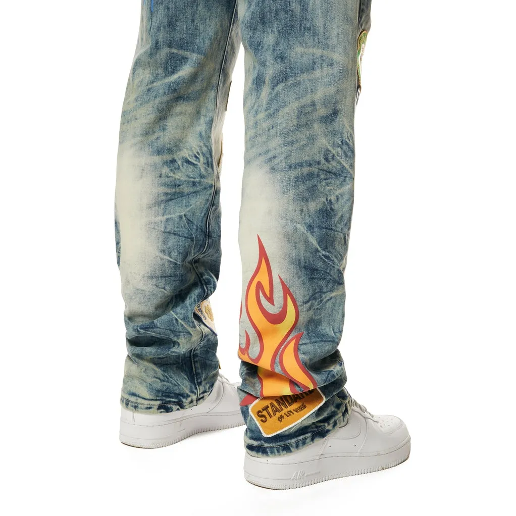 Multi Embroidered Patched Retro Denim Jeans - Metro Blue