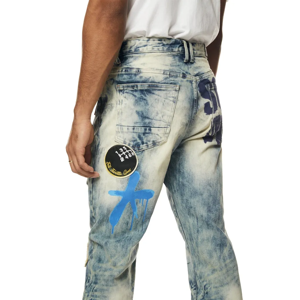 Multi Embroidered Patched Retro Denim Jeans - Metro Blue