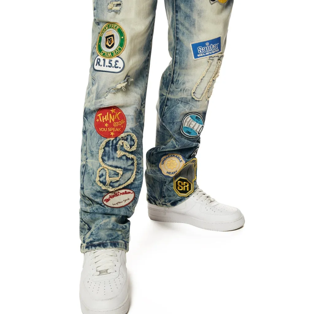 Multi Embroidered Patched Retro Denim Jeans - Metro Blue