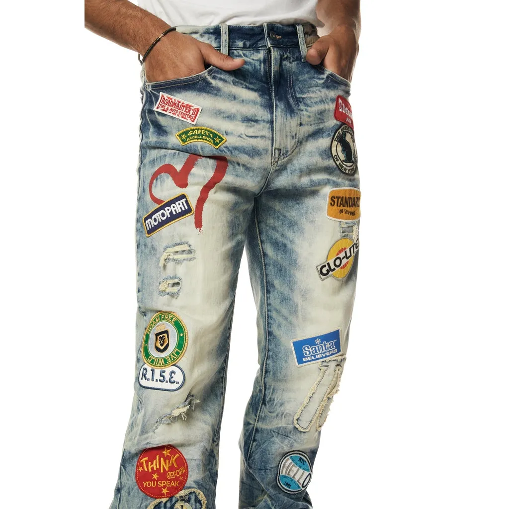 Multi Embroidered Patched Retro Denim Jeans - Metro Blue