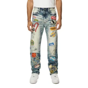 Multi Embroidered Patched Retro Denim Jeans - Metro Blue