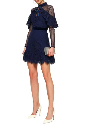 Navy Ruffle Lace Velvet Trimmed Long Sleeves Mini Dress