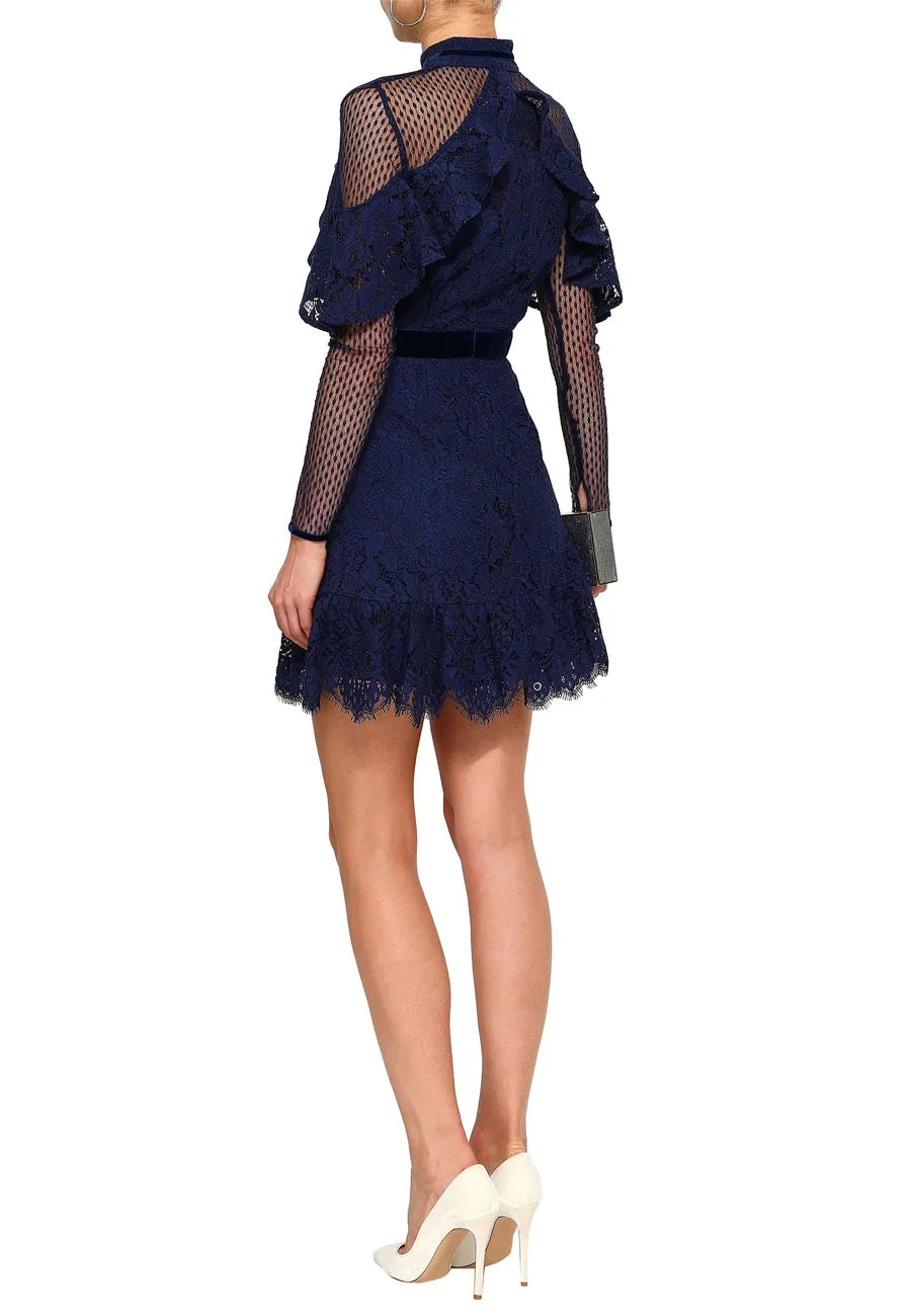 Navy Ruffle Lace Velvet Trimmed Long Sleeves Mini Dress