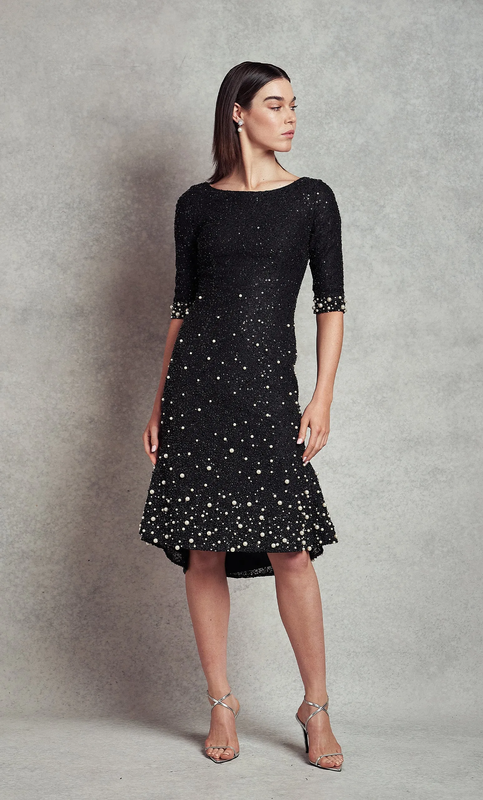 Nicole Cocktail Dress - Black / Off White Pearls (V1-C1)