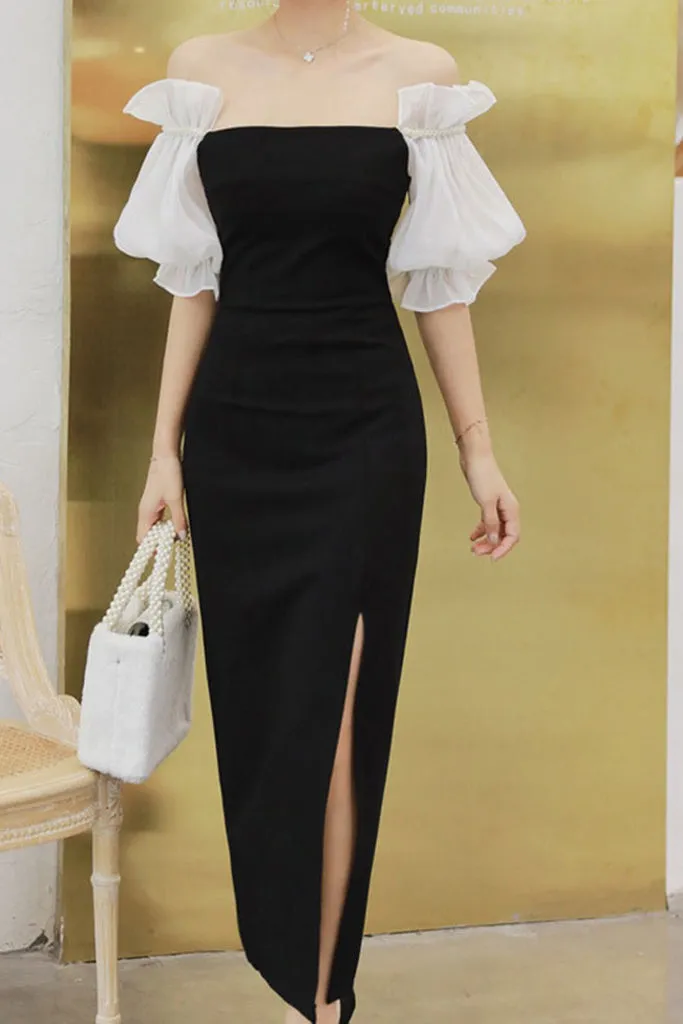 OFF SHOULDER PUFF SLEEVE SLIT SHEATH DRESS