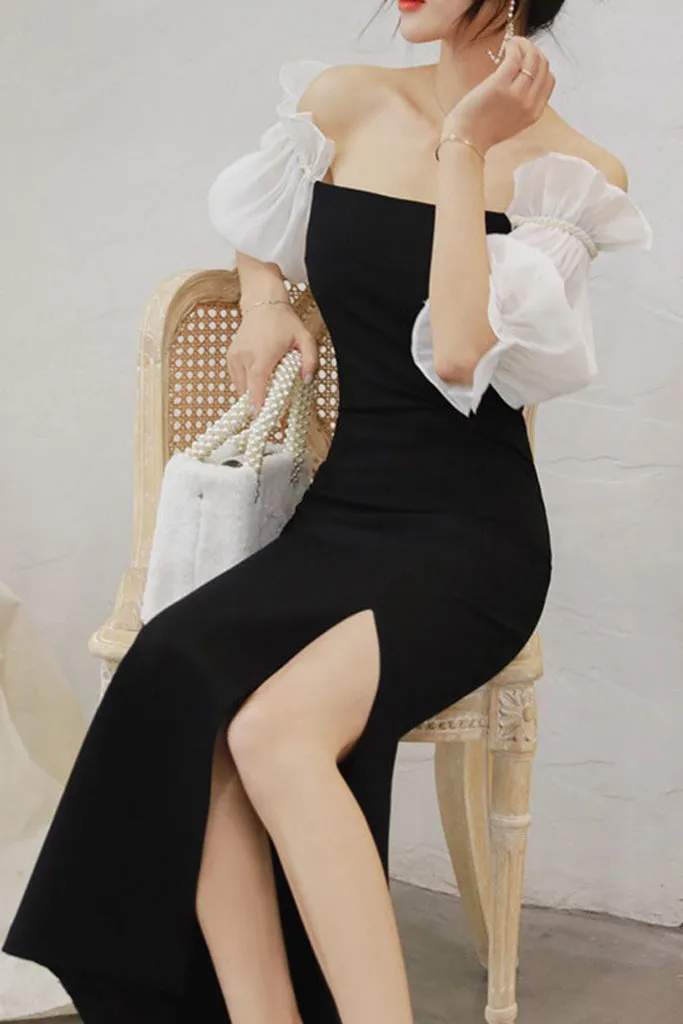 OFF SHOULDER PUFF SLEEVE SLIT SHEATH DRESS