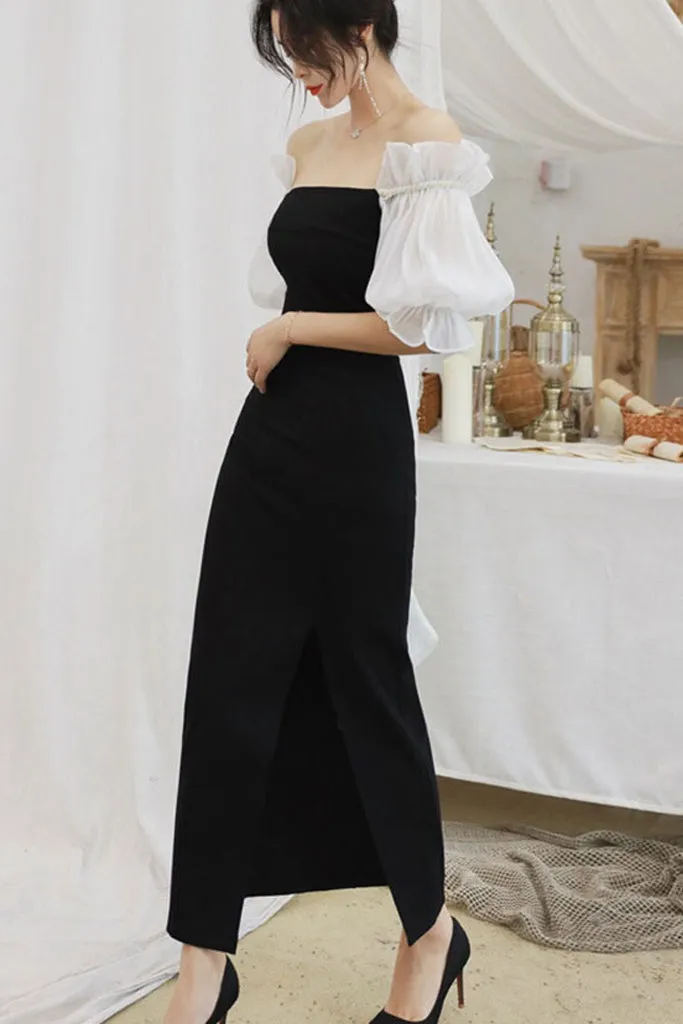 OFF SHOULDER PUFF SLEEVE SLIT SHEATH DRESS