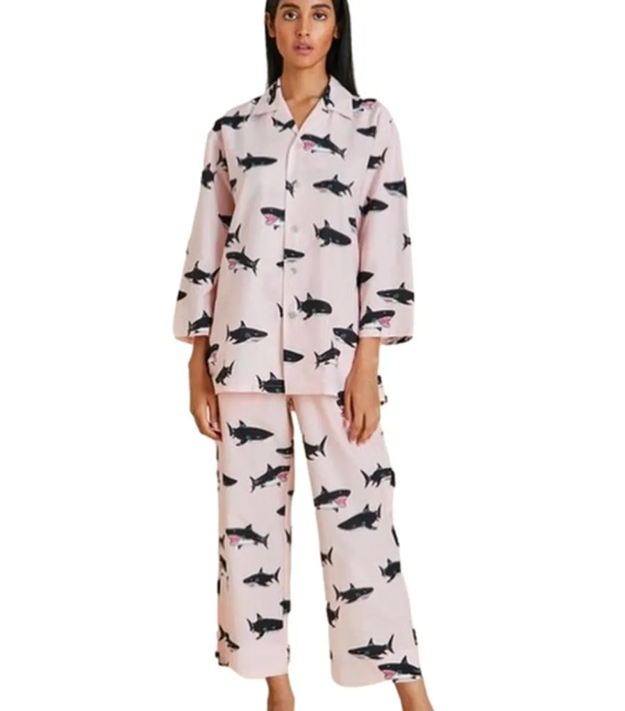 Olivia Von Halle Cotton & Silk Shark Print Pyjamas. Size XS