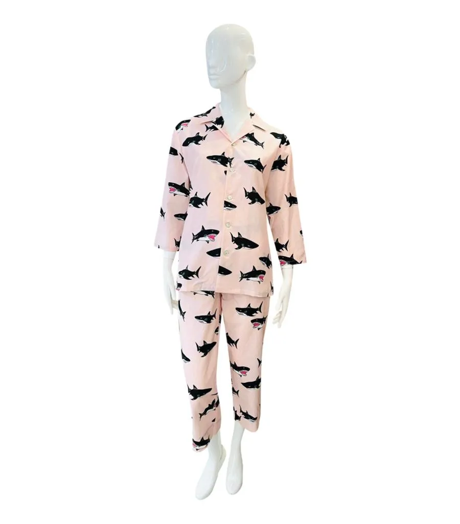 Olivia Von Halle Cotton & Silk Shark Print Pyjamas. Size XS