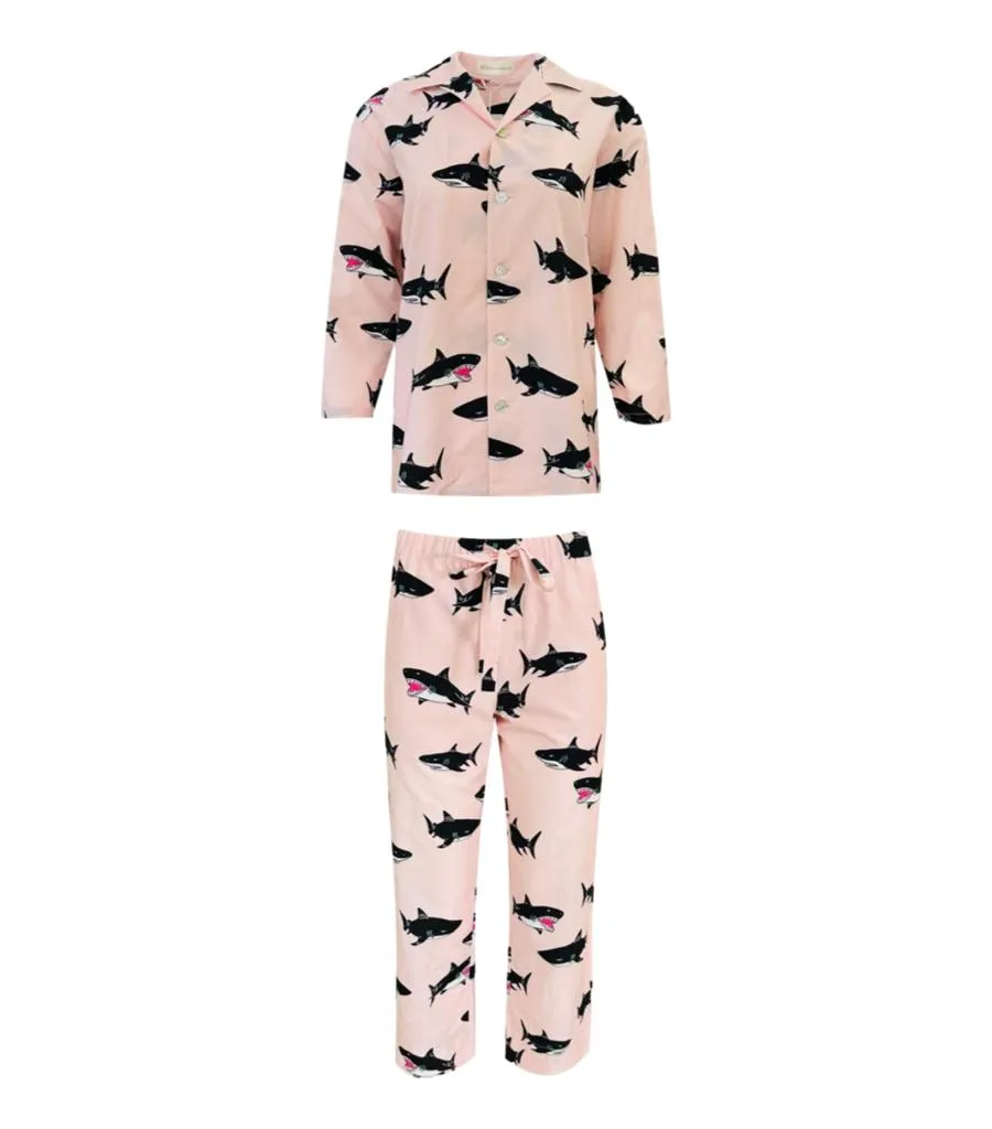 Olivia Von Halle Cotton & Silk Shark Print Pyjamas. Size XS