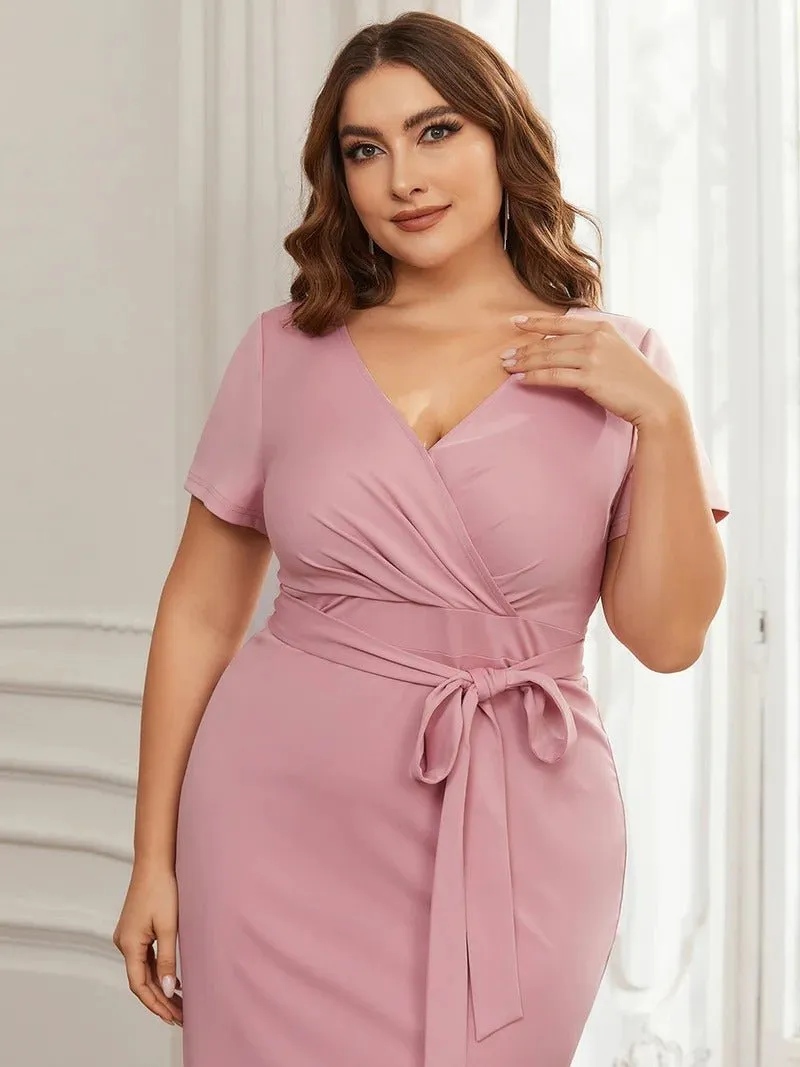 Plus Size Deep V Neck Short Sleeve Cocktail Dresses With Belt