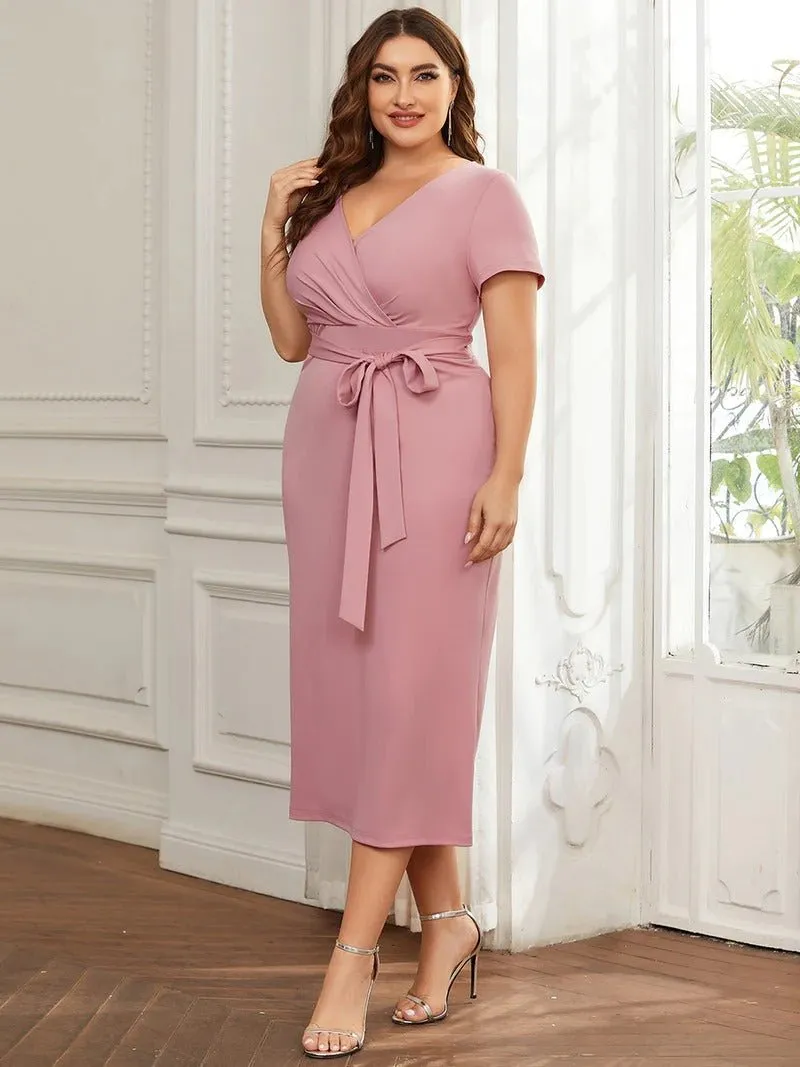 Plus Size Deep V Neck Short Sleeve Cocktail Dresses With Belt