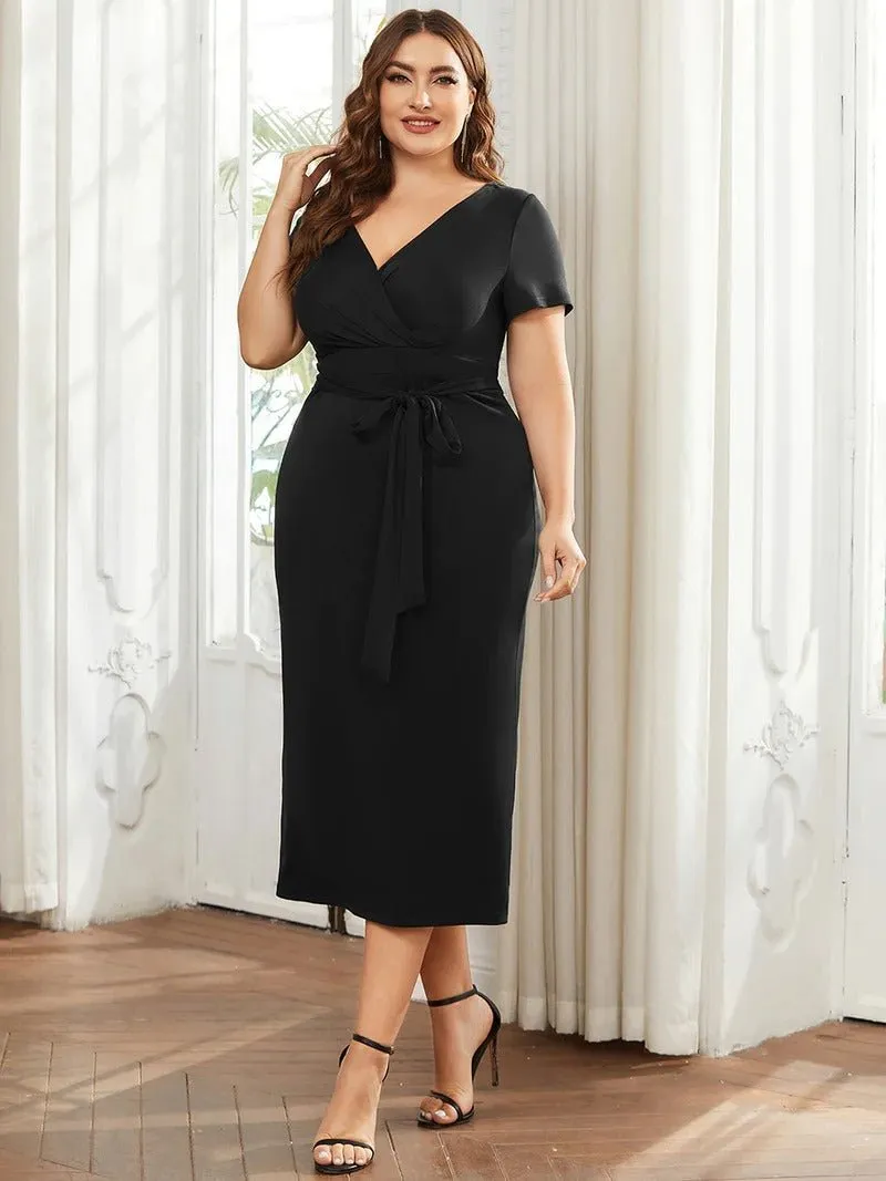 Plus Size Deep V Neck Short Sleeve Cocktail Dresses With Belt