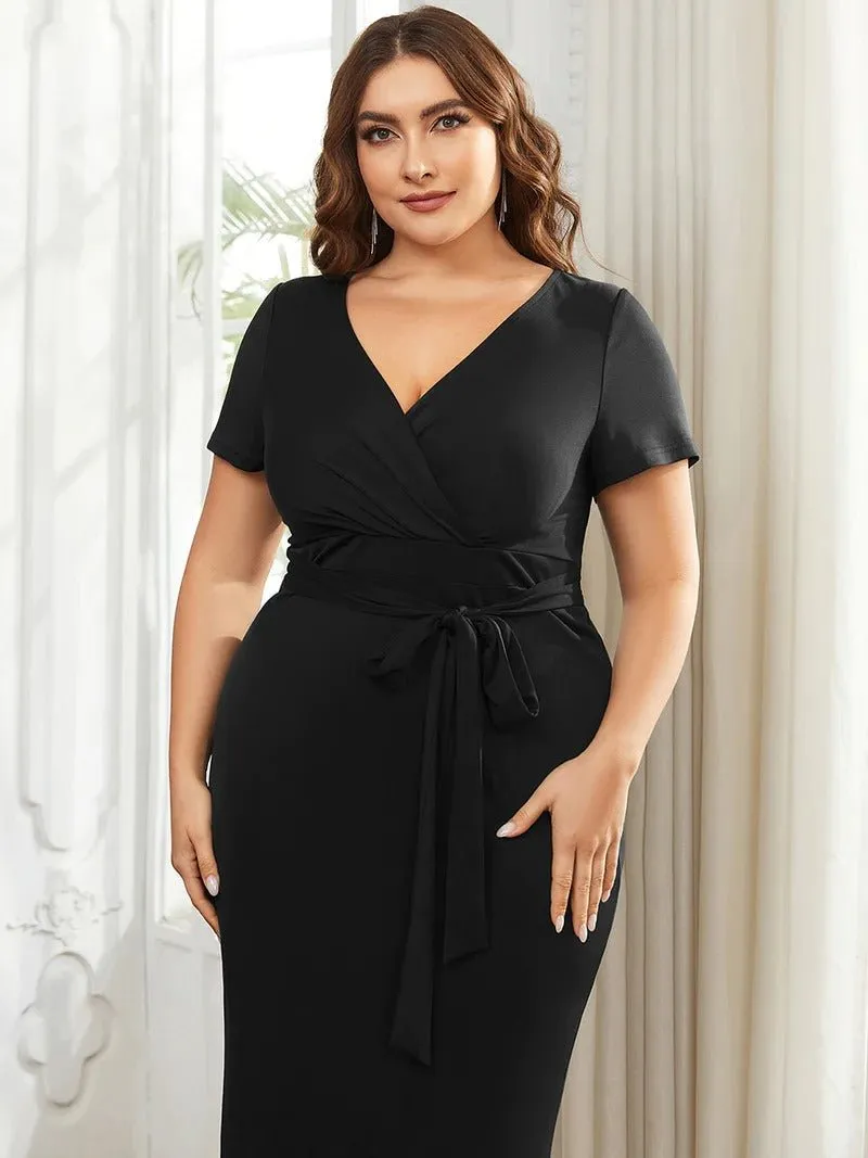 Plus Size Deep V Neck Short Sleeve Cocktail Dresses With Belt