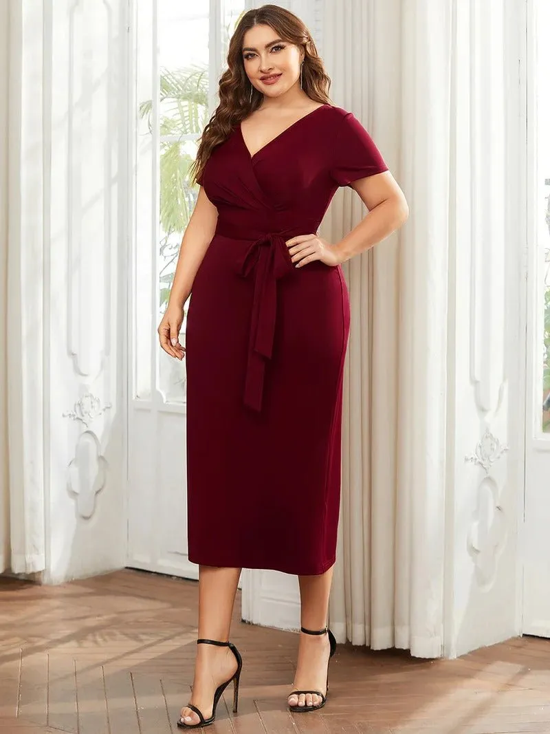 Plus Size Deep V Neck Short Sleeve Cocktail Dresses With Belt