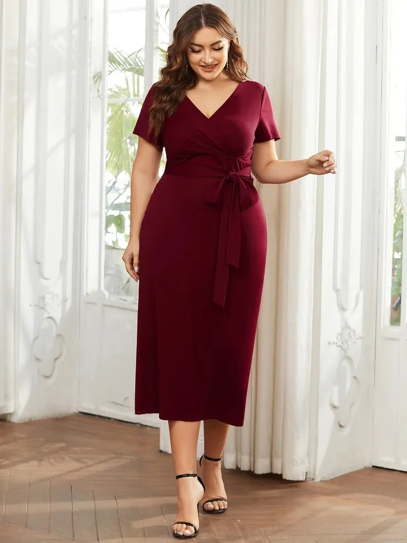 Plus Size Deep V Neck Short Sleeve Cocktail Dresses With Belt