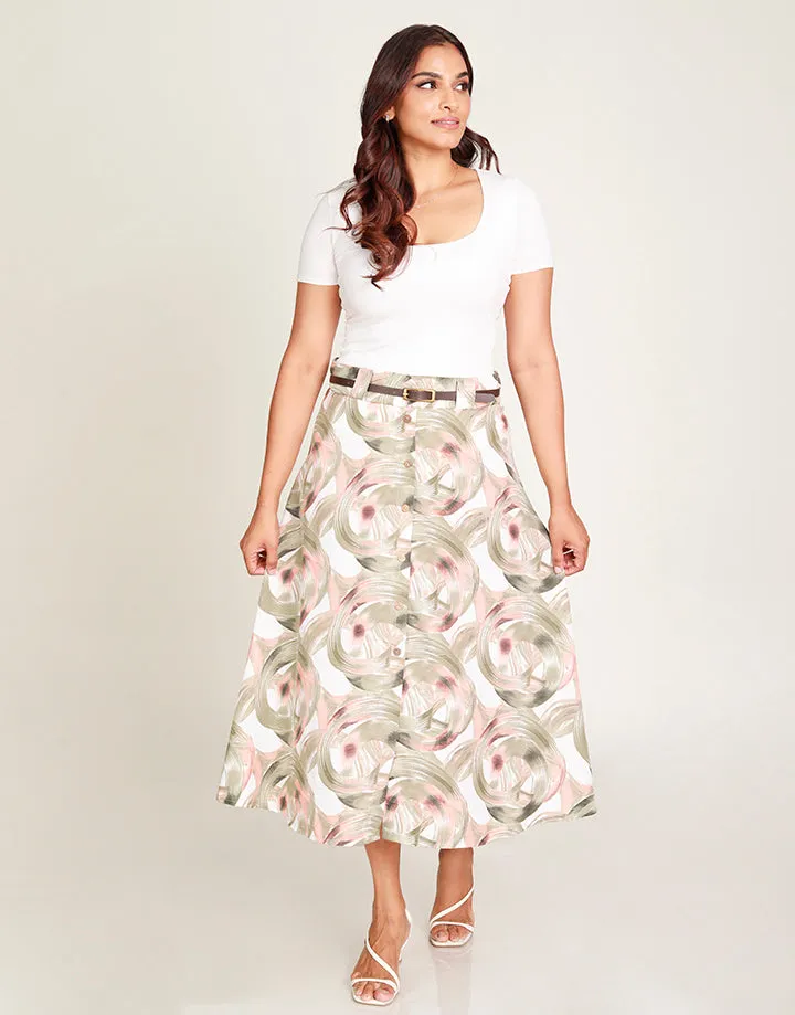 Printed Midi Skirt with Buttons