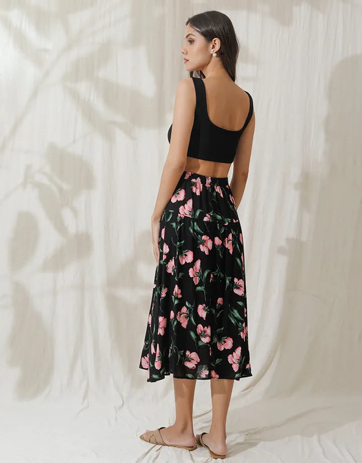 Printed Yoke Skirt with Buttons