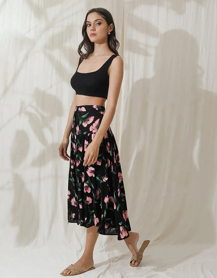 Printed Yoke Skirt with Buttons