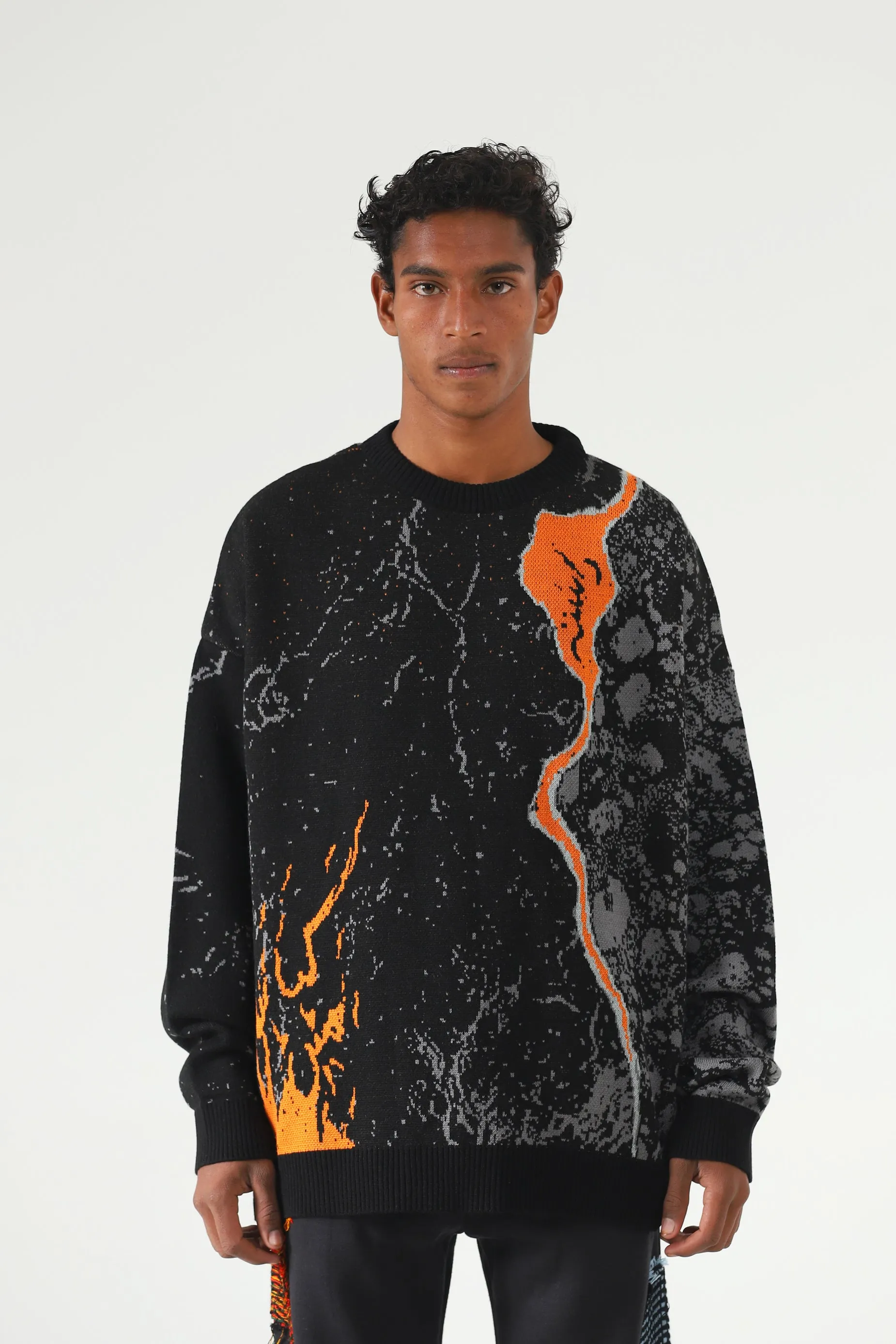 "FIRE OF MAN" JACQUARD KNIT SWEATER