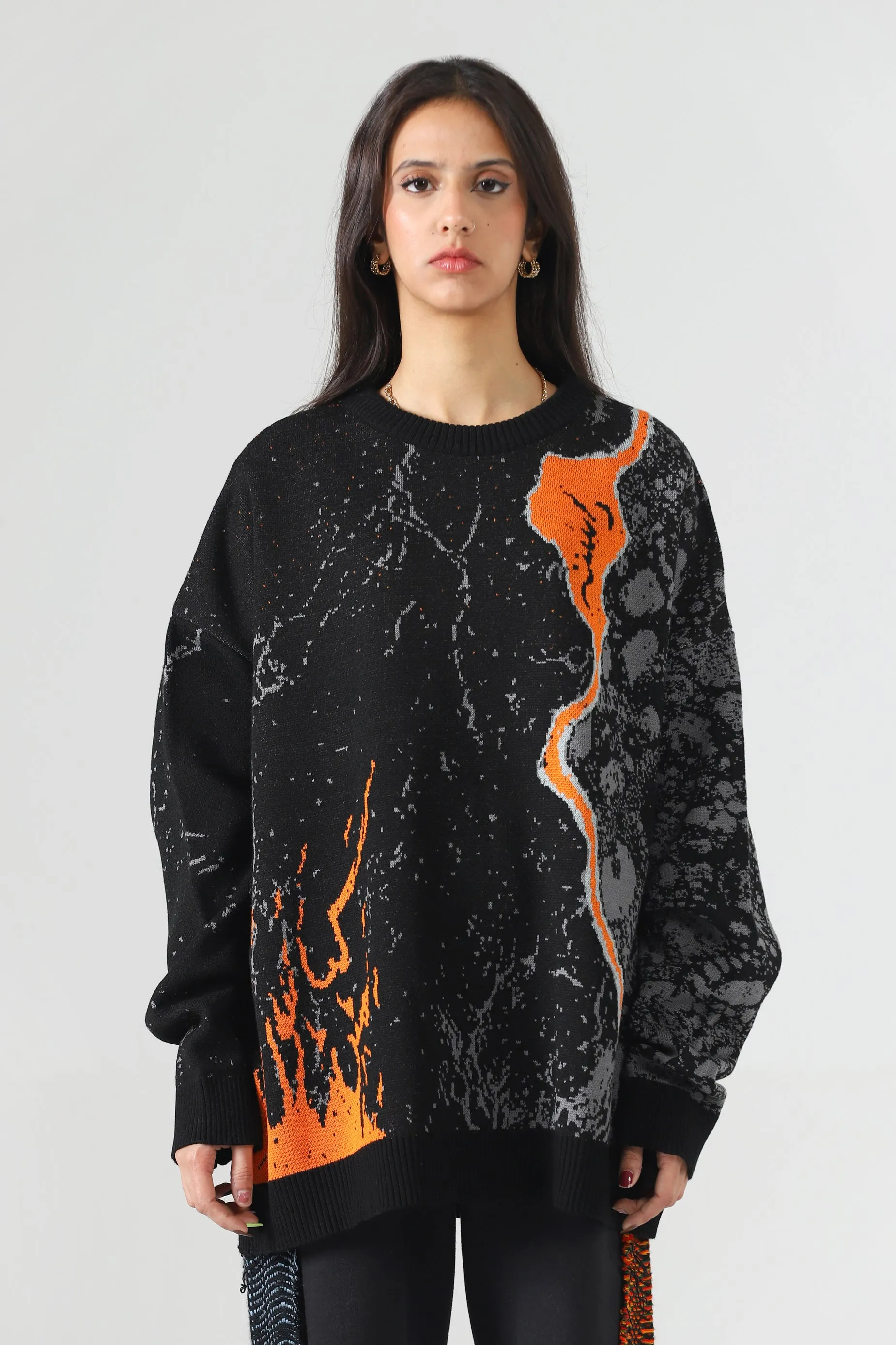 "FIRE OF MAN" JACQUARD KNIT SWEATER