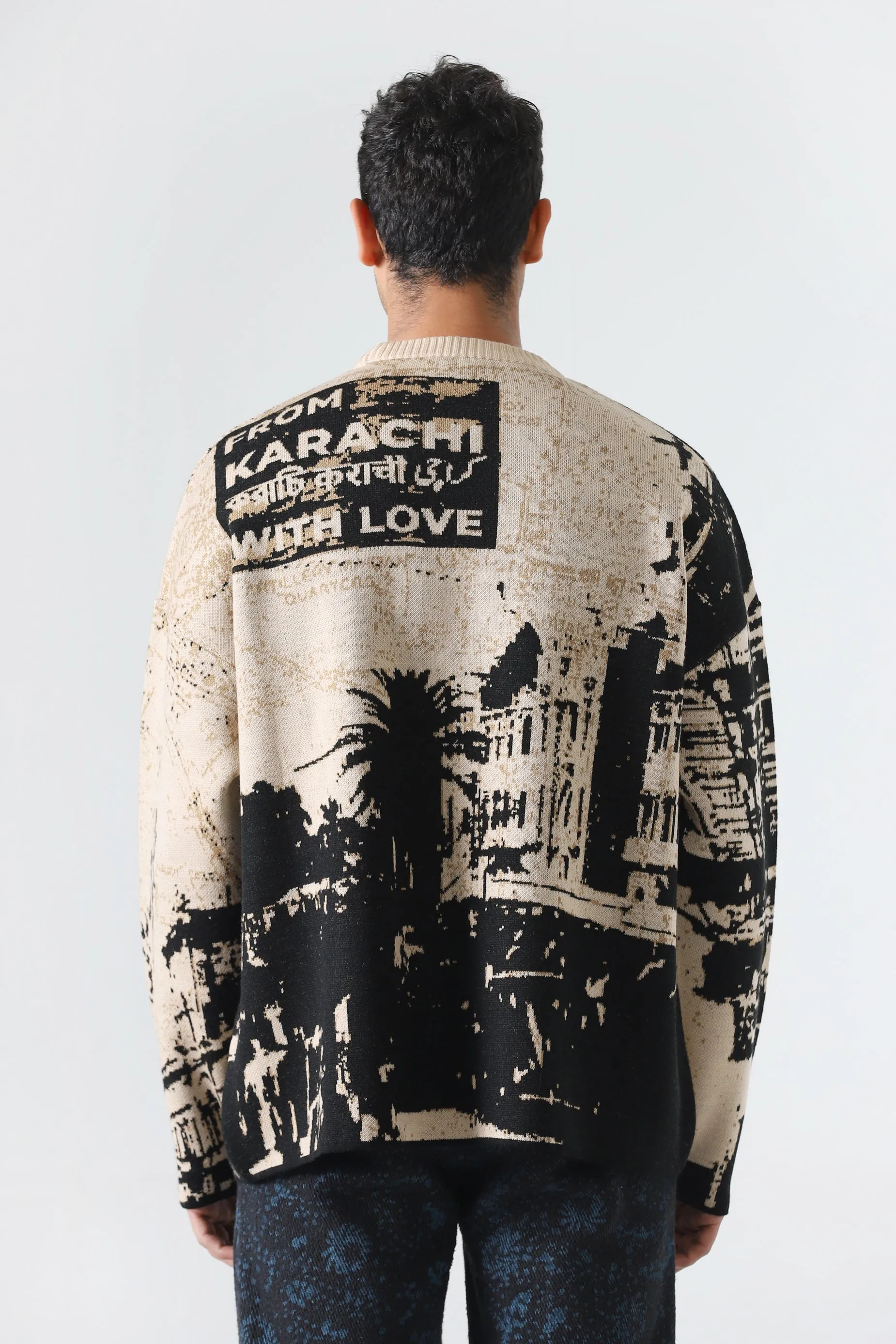 "FROM KARACHI WITH LOVE" JACQUARD KNIT SWEATER