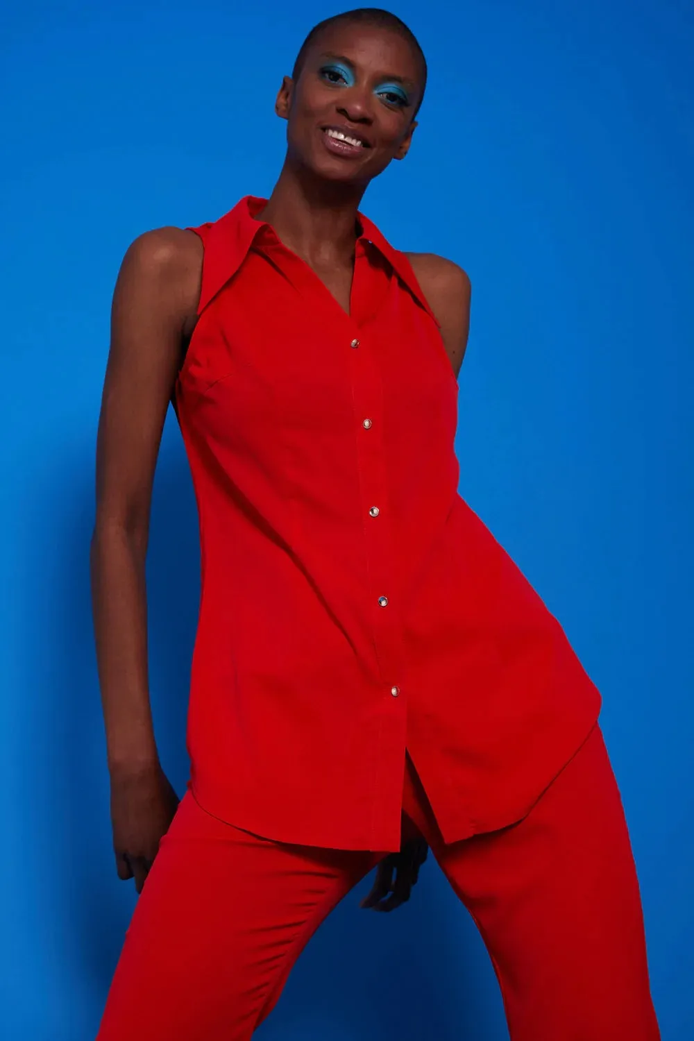 Red Silk Blend Sleeveless Shirt