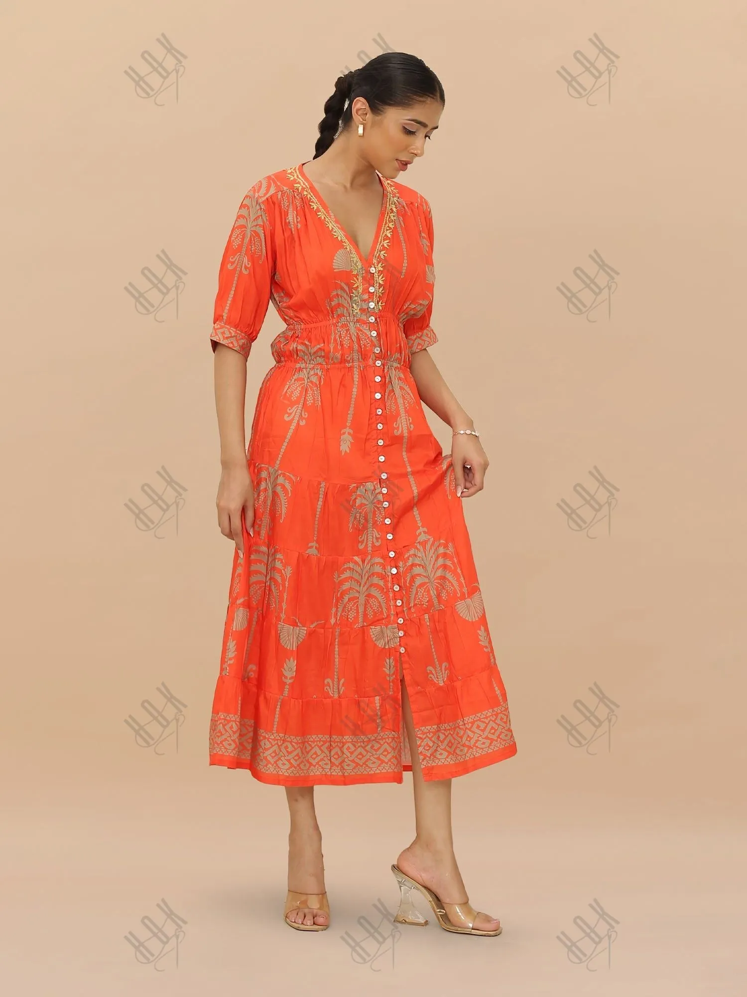 Saba Chikanakri Dress in Printed Muslin  - Orange