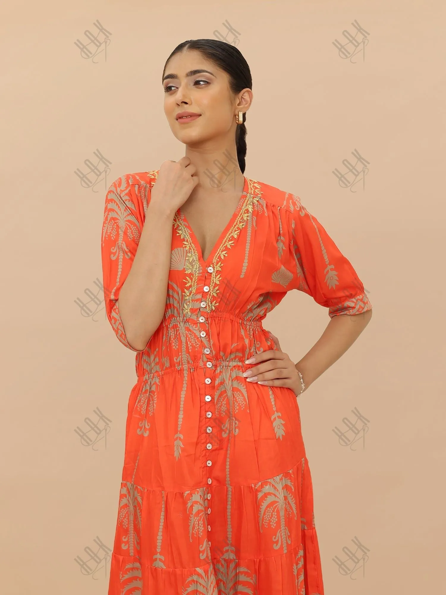 Saba Chikanakri Dress in Printed Muslin  - Orange