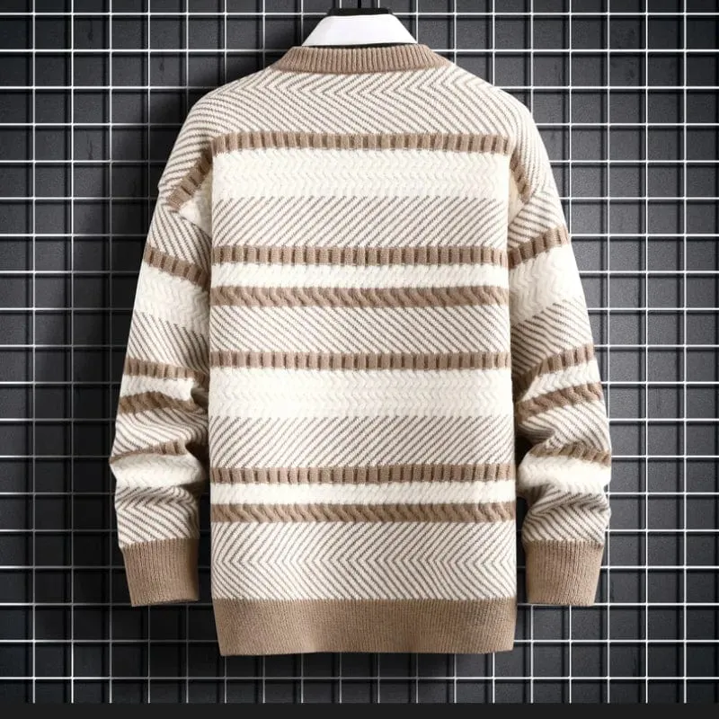 Serenity Stripe Pattern Sweater - Elevate Your Style: Knitted Thickened Pullover Vintage O-Neck Winter Sweater