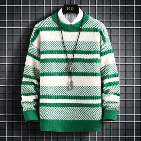 Serenity Stripe Pattern Sweater - Elevate Your Style: Knitted Thickened Pullover Vintage O-Neck Winter Sweater