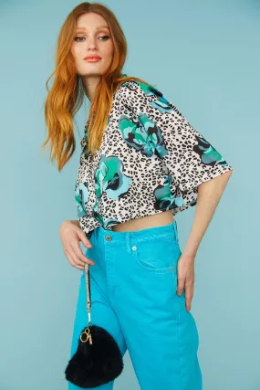 Silk Blend Animal Print Floral Cropped Blouse