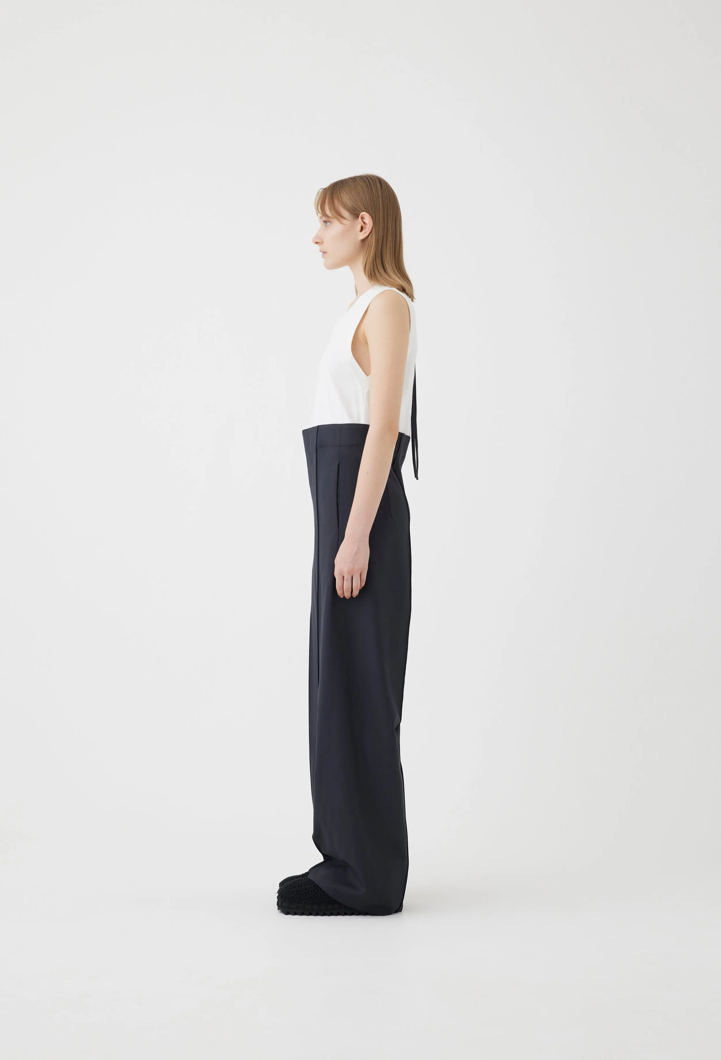 Tropical Wool Sleeveless Jumpsuit in Charcoal