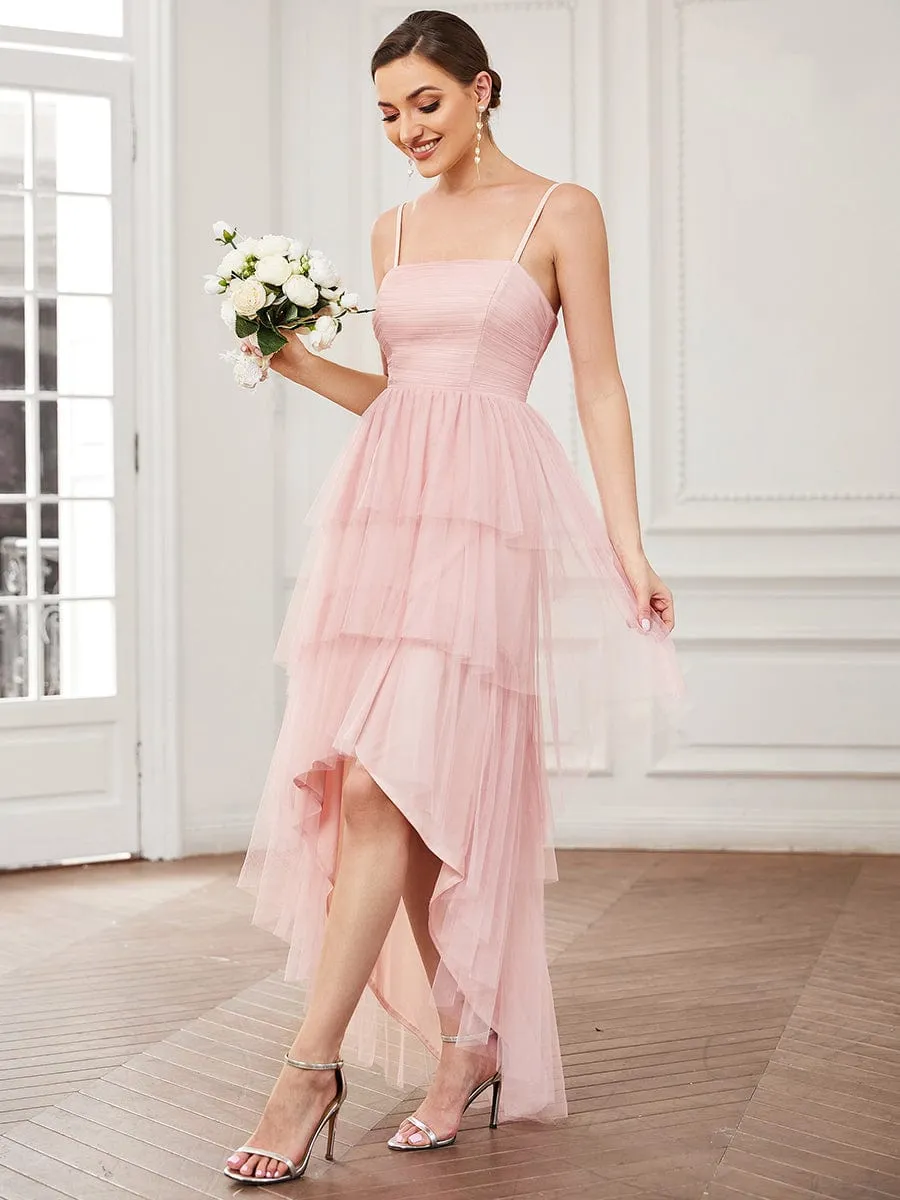 Tulle Spaghetti Strap Ruffled High-Low Bridesmaid Dress