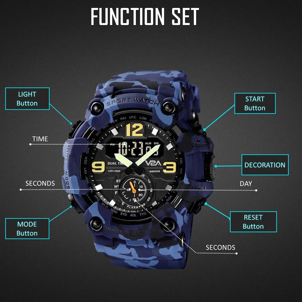 V2A Analog Digital Sport Watches for Men's and Boys (Camo-Blue)