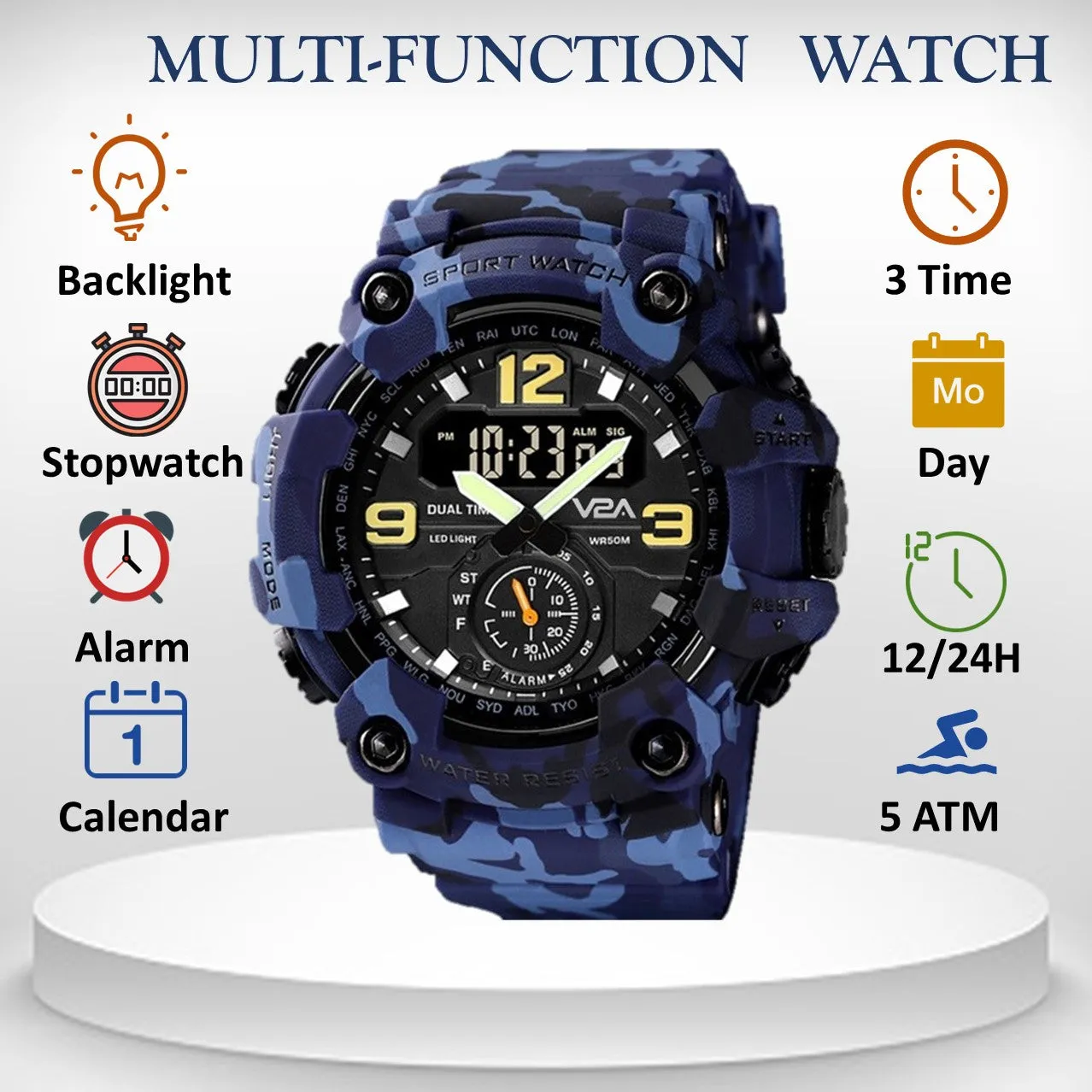 V2A Analog Digital Sport Watches for Men's and Boys (Camo-Blue)