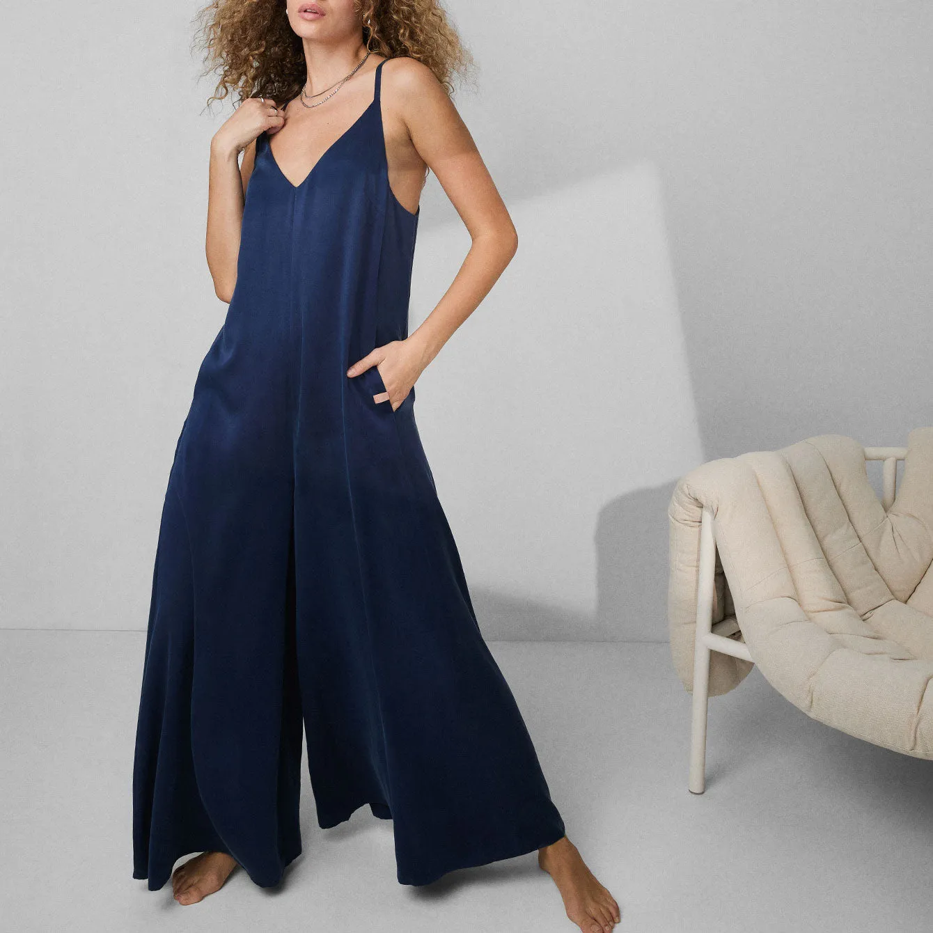 Washable Silk Elastic Strap Jumpsuit