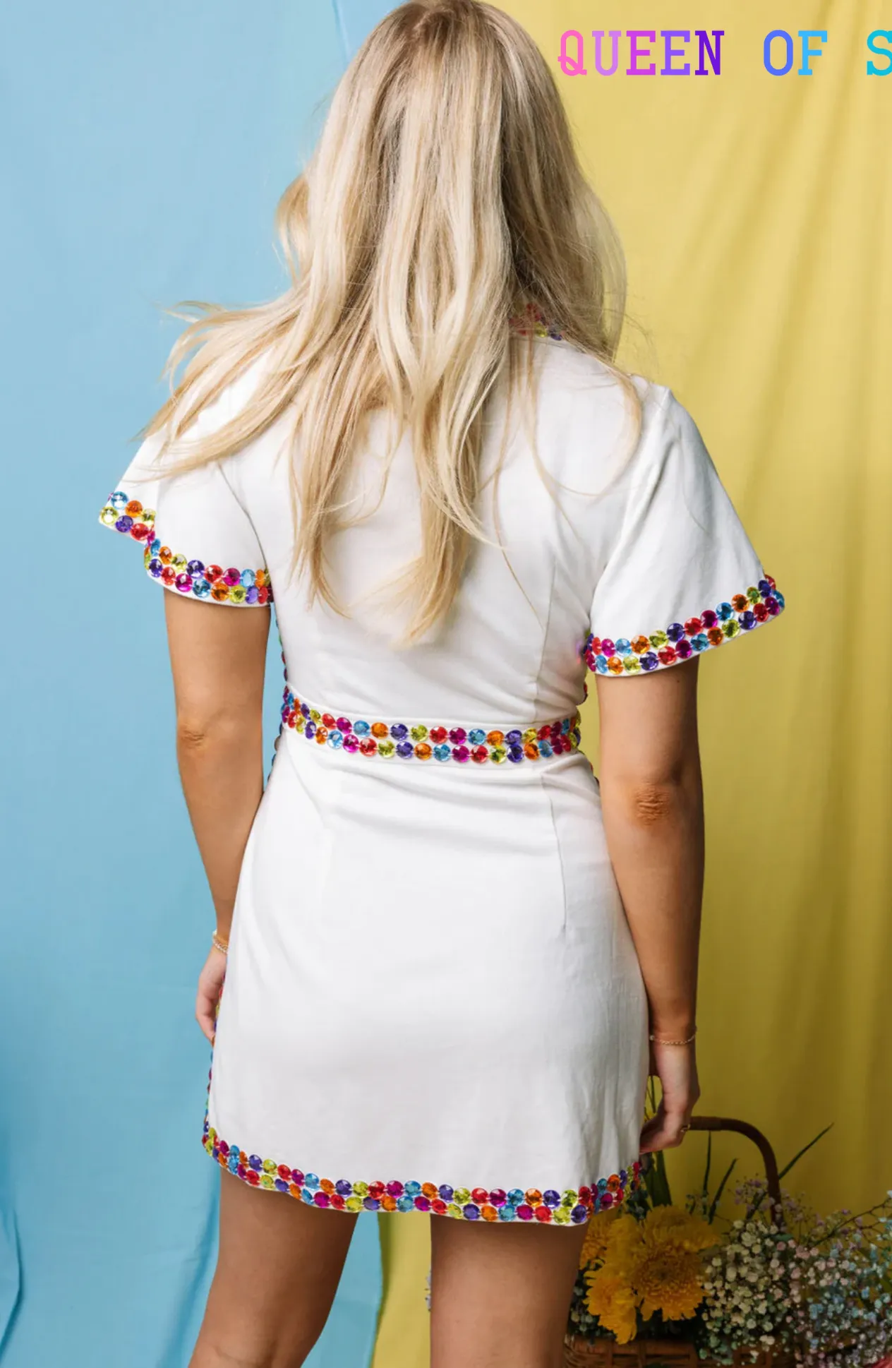 White & Rainbow Jewel Zip Up Dress