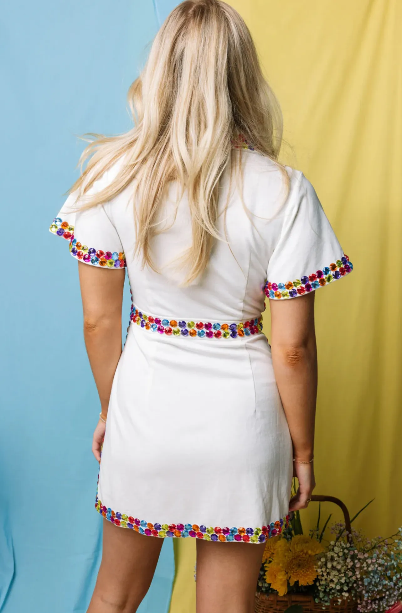 White & Rainbow Jewel Zip Up Dress