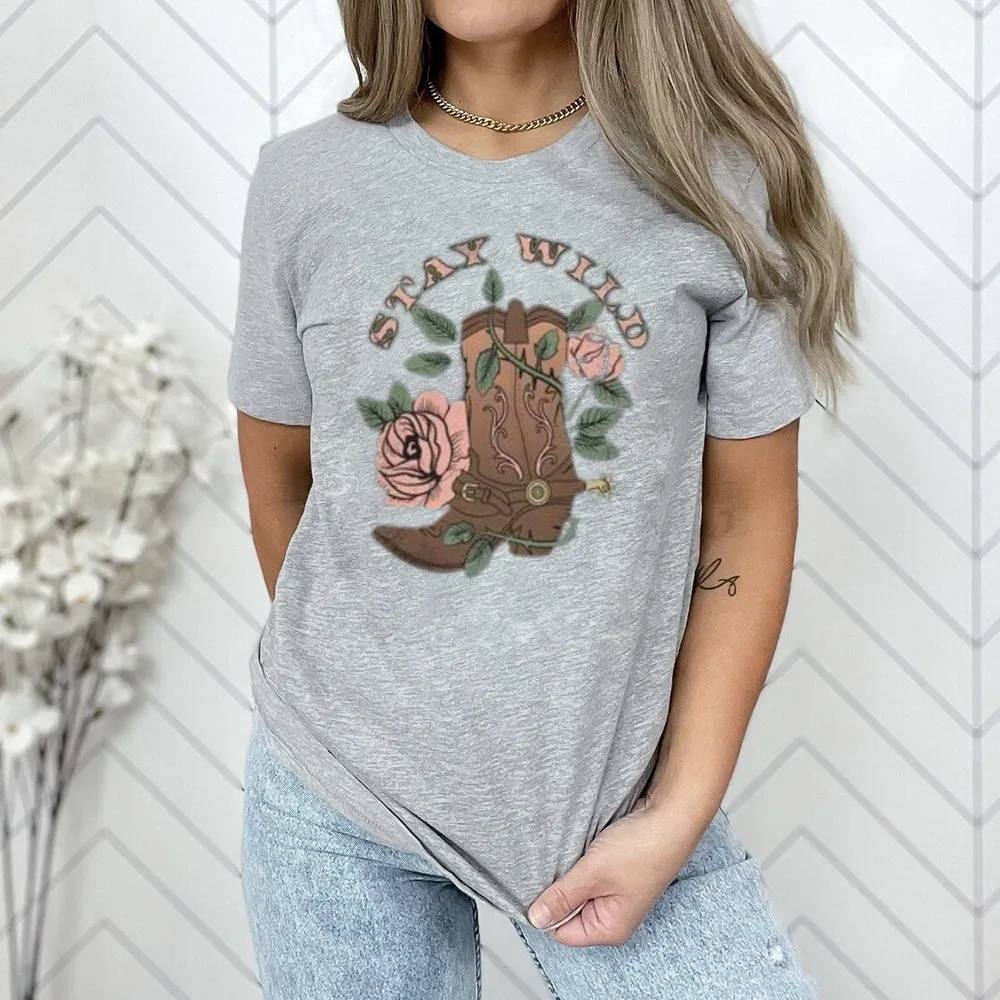 Women Cowgirl Stay Wild Print Graphic T-shirt