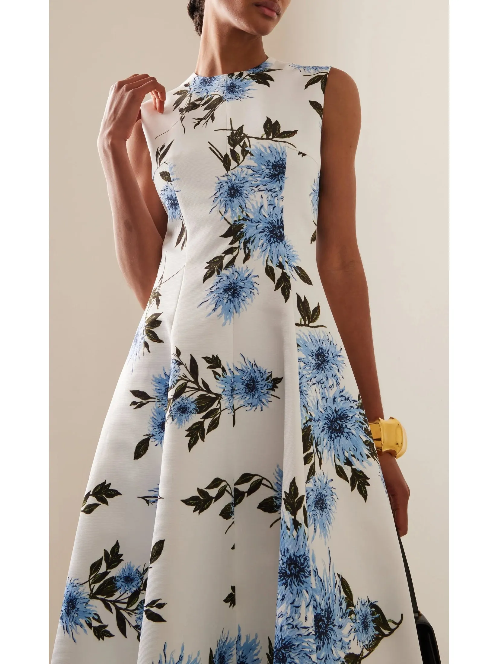 Women’s Blue Dahlia Print Taffeta-Faille Dress