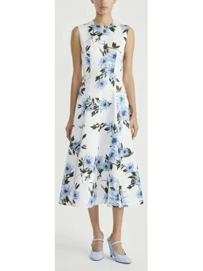 Women’s Blue Dahlia Print Taffeta-Faille Dress