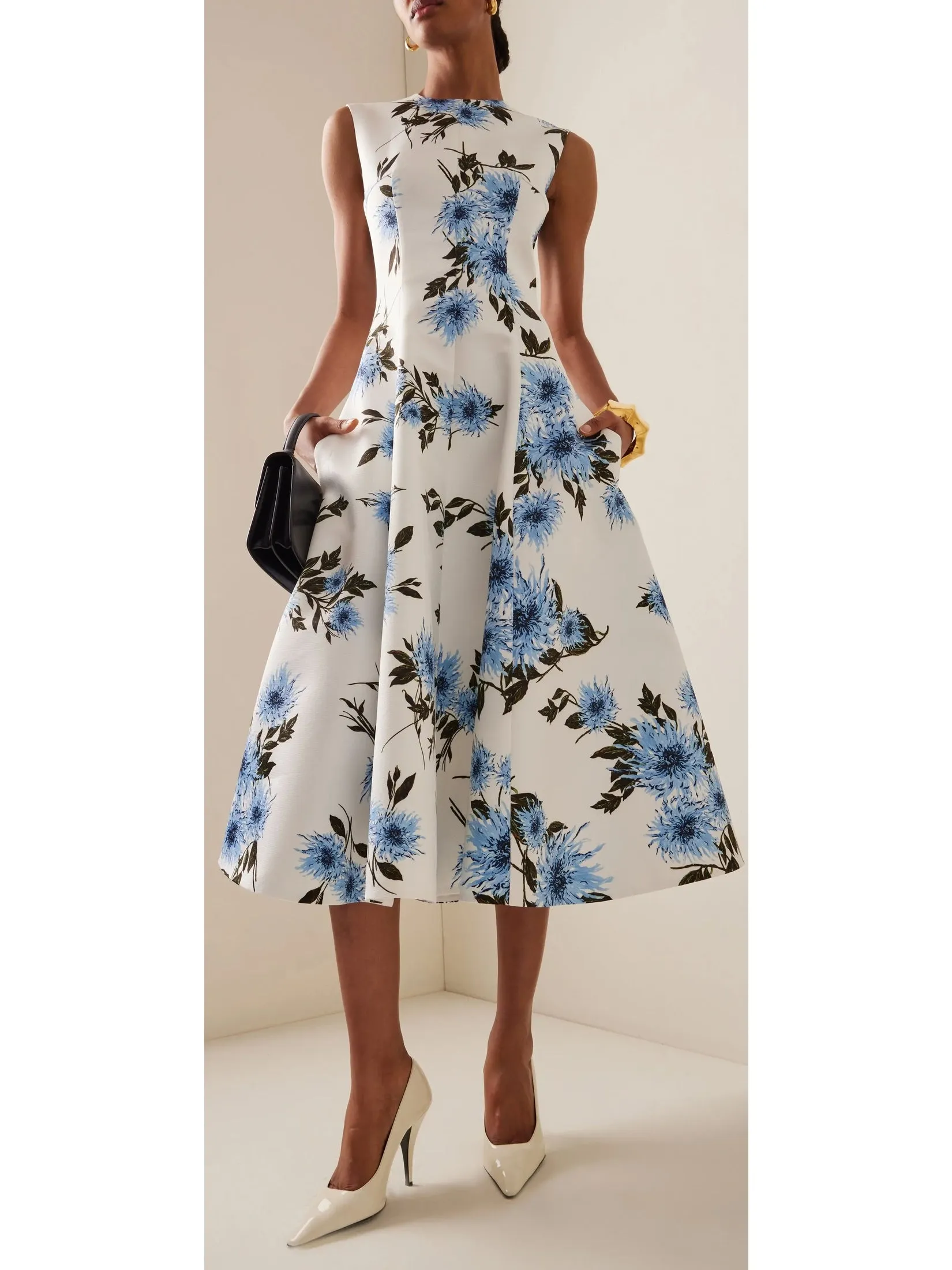 Women’s Blue Dahlia Print Taffeta-Faille Dress